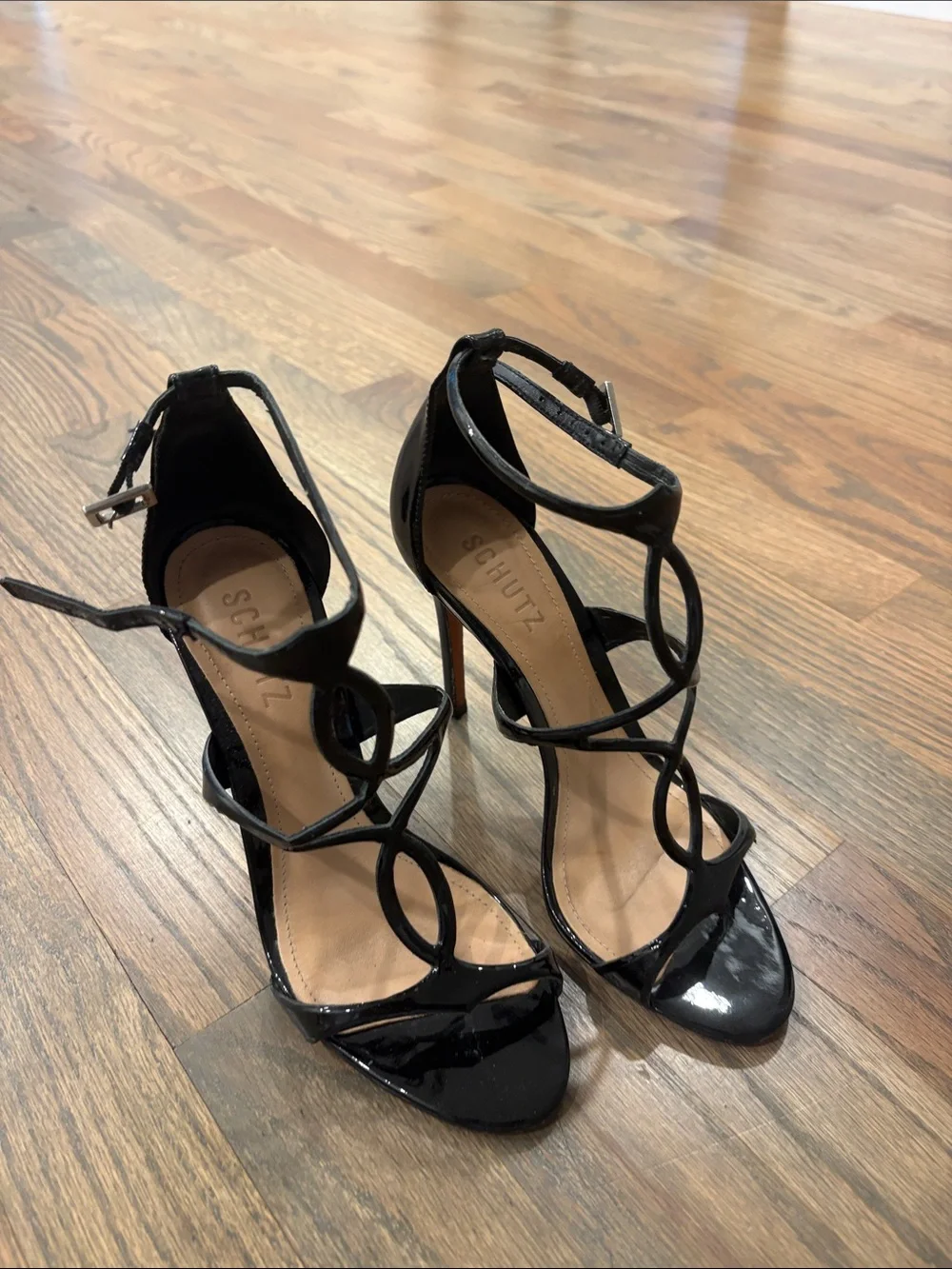 SCHUTZ Black Patent Circular-Strap High Heel Sandals